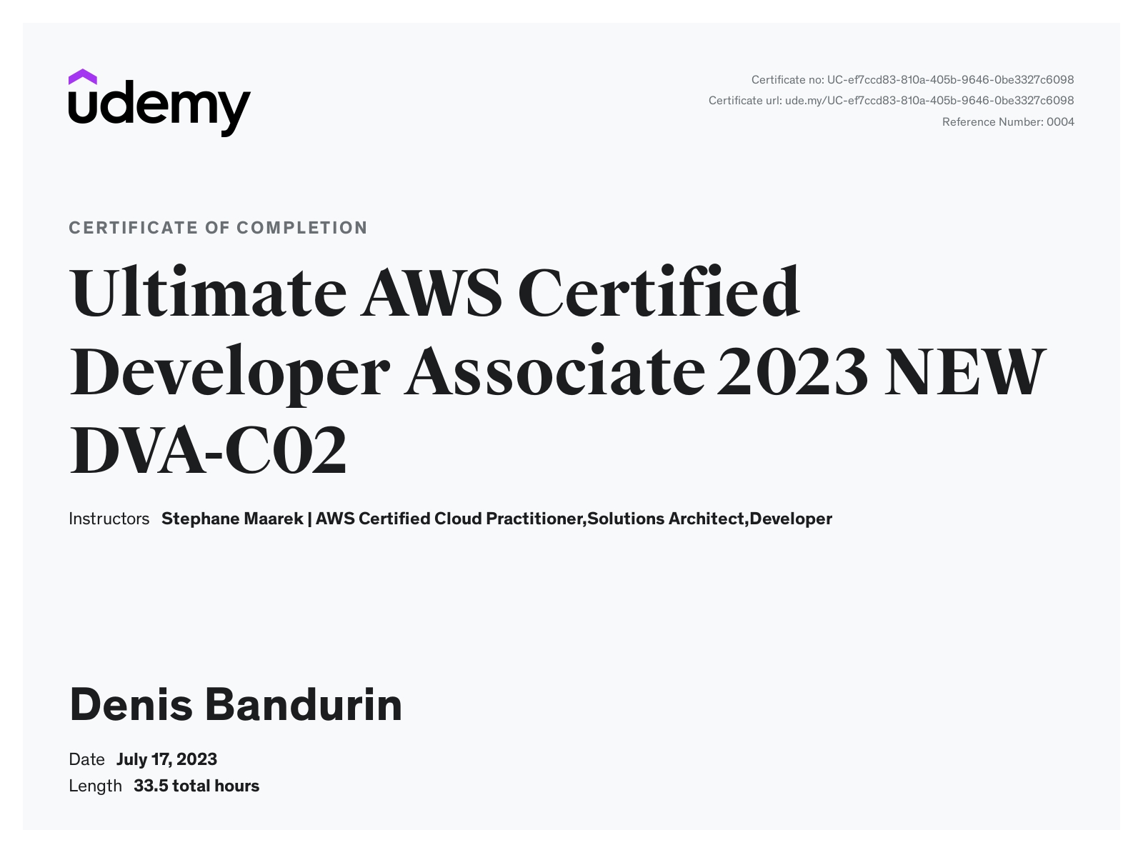  Certificate AWS Developer Associate